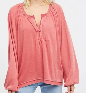 Free People We The Free Acadia Henley Top Women’s XS Oversized Vintage Red Boho thumbnail 1