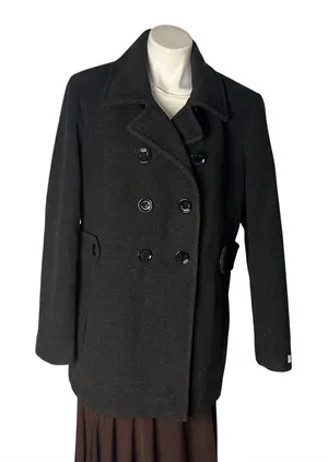 CALVIN KLEIN Charcoal Wool Blend Double Breasted Pea Coat Womens Size 14 thumbnail 1