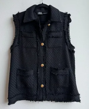 ZARA Structured Tweed Black Gold Button Preppy Frayed Button Vest Size Medium thumbnail 1