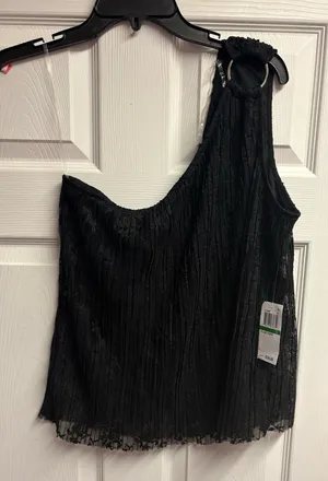 NWT Lily Black One Shoulder Black Lace Club Top Size Large thumbnail 1