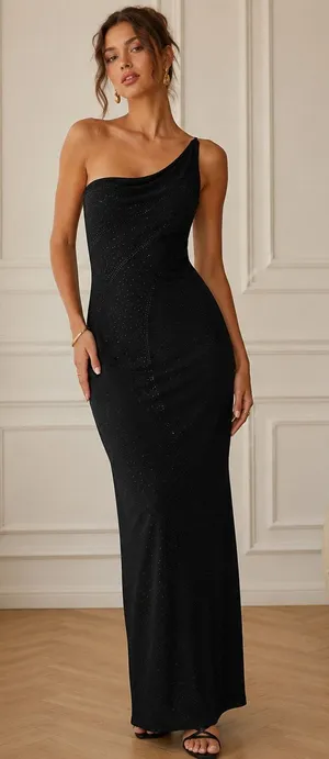 Vintage 90s Black One Shoulder Sparkle Glitter Maxi Dress Womens S Prom Formal thumbnail 1