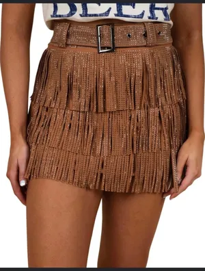 Rhinestone Fringe Mini Skirt Brown thumbnail 1