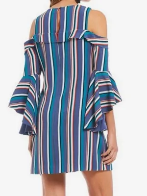 Gianni Bini Multi-Stripe Cold-Shoulder Shift Dress in Blue Teal thumbnail 2
