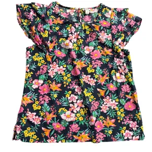 J.Crew Garden‎ Ruffle Cap Sleeve Floral Navy Top 100% Cotton, Small thumbnail 1