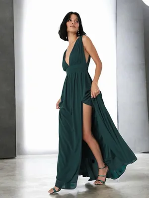Lulu's Forest Green V-Neck Maxi Dress with High Slit thumbnail 4
