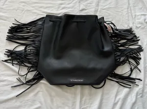 Victoria's Secret Black Fringe Backpack Boho Festival Faux‎ Leather Purse NWT thumbnail 1