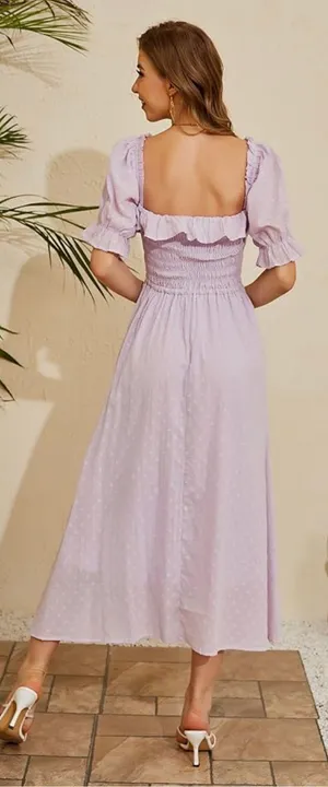 R.YIPOSHA Mauve Swiss Dot Smocked Cottagecore Midi Dress L 12/14 thumbnail 2