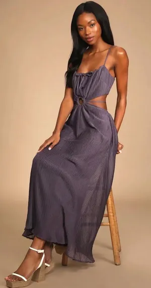 Lulus Dusty Purple Plisse‎ O-Ring Cutout Maxi Dress Womens Medium Smocked Back thumbnail 1