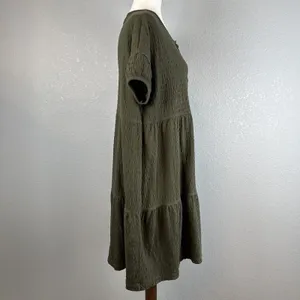 Madewell Oversized Tiered Mini Dress Size S‎ Green Crinkle Knit Cotton Blend thumbnail 6