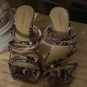 Express Snake-Print Strappy Heeled Sandals in Brown and Black thumbnail 1