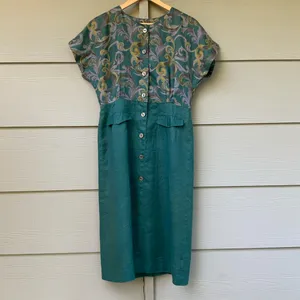 Vintage 80s Dress Linen Dress Green Pencil Skirt Floral‎ Short Sleeves Button-Up thumbnail 7