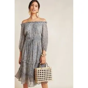 Anthropologie Blue Floral Kira Smocked Off The Shoulder Boho Peasant Dress thumbnail 4