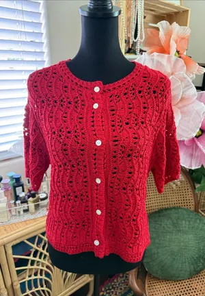 Zara Red Crochet Knit Short Sleeve Button Up Cardigan Sweater thumbnail 1