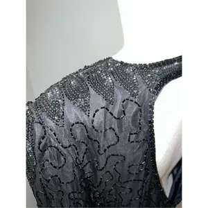 100% Silk Vintage Women’s Black Beaded Open Back MIDI Dress LARGE thumbnail 9