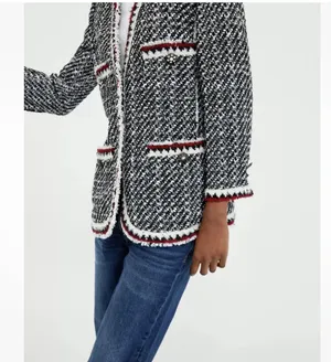 ZARA Black and White Tweed Jacket Blazer Sz L thumbnail 4
