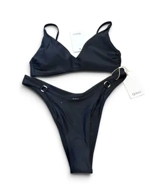 NWT Quince V Neck High Leg Ring bikini set black small thumbnail 1