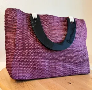Purple Sisal Natural Fiber Wooden Handle Medium Top Handle Top Bag NEW thumbnail 1