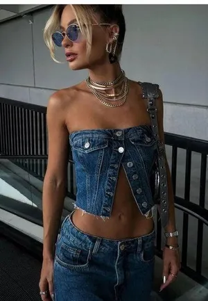 Zara crop top corset denim jeans button up thumbnail 1