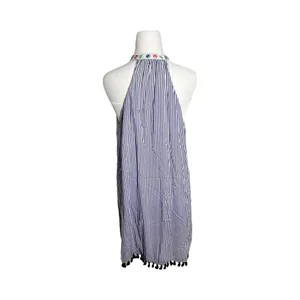 THML Blue White Striped Embroidered Halter Mini Dress Tassel Hem‎ Large thumbnail 4