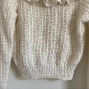 Anthropologie Ivory White Ruffled Boat Neck Soft Wool Knit Sweater Size Medium thumbnail 6