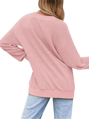 Boutique Waffle Knit Womens V-Neck Long Sleeve Pullover Casual Outfits Loose Top M thumbnail 4