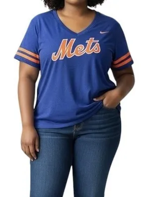 New York Mets Shirt Womens XL Blue MLB Baseball Nike V Neck Stripe Sleeves thumbnail 1