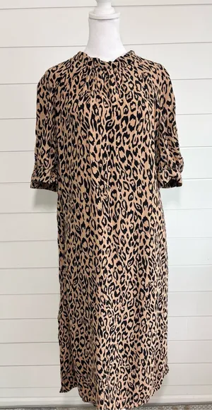 Anthropologie Mackenzie Leopard Print Dress Short Sleeve Midi Mock Neck Size L thumbnail 1