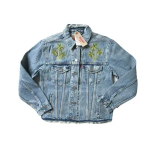 NWT Levi's Ex-Boyfriend Trucker Indigo Memory Embroidered Palm Tree Jacket S thumbnail 6