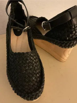 Free People women Black leather Woven Ankle-Strap Platform Wedges sandals US 8 thumbnail 2