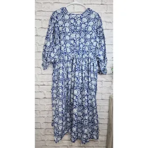 House of Sundar Maya Midi Dress 3XL Blue Iris Block Print Cotton Cottagecore thumbnail 8
