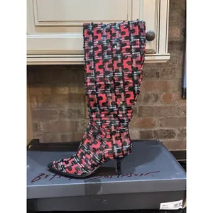 Betsey Johnson Women's Pamella Red/Black Plaid Sequin Knee High Boots Size 7.5 thumbnail 3