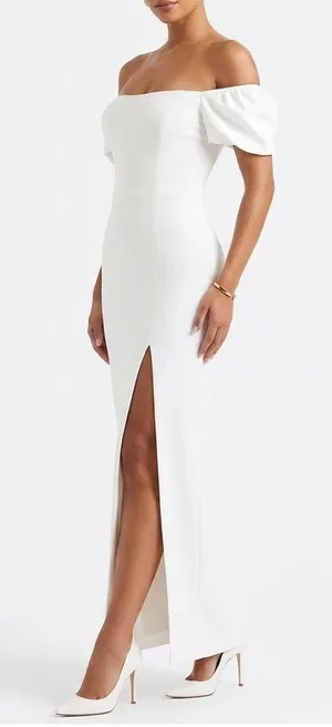 Lulus White Off The Shoulder Puff Sleeve Maxi Dress Side Slit Size L Formal thumbnail 1