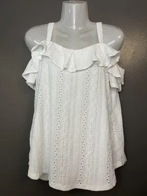 Cable & Gauge Shirt Womens Small White Ruffle Cold Shoulder Eyelet Summer Top thumbnail 1
