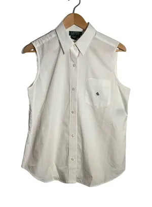 Lauren Ralph Lauren Button Down Blouse Women's Large White Cotton Sleeveless Top thumbnail 1