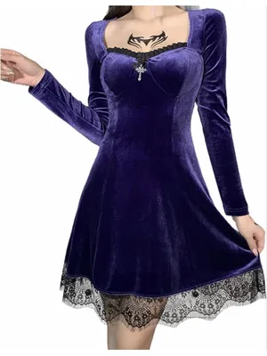 NEW Gothic Lolita Lace Dress Long Sleeve Lace-up Vintage Punk Puff Sleeve L thumbnail 1