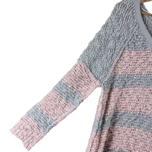 Free People Songbird Sweater V-Neck Striped Bouclé Knit Pink Gray Tunic Size M thumbnail 4