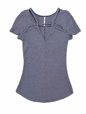 Free People Ribbed Striped V-Neck Tee Blue Tan Stretch Fitted Top Women’s S thumbnail 1