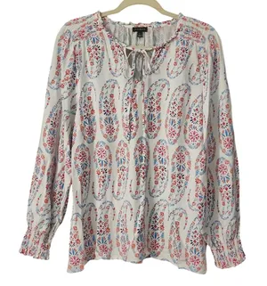 Talbots Women's White Preppy Cottagecore Floral Smocked Cuff‎ Blouse Large thumbnail 1