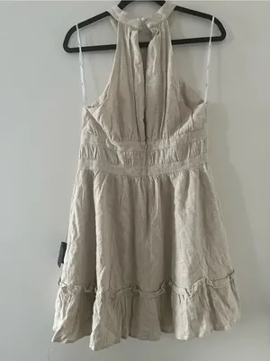 Lulus Beige Linen Blend Halter Mini Dress Medium Coastal Euro Summer NWT thumbnail 4