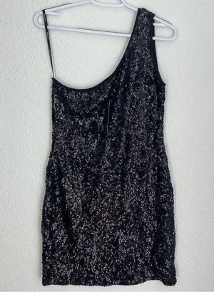 NWT one shoulder black shimmer sequin mini dress lined, size S / M thumbnail 1
