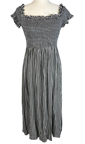 Bardot‎ Cindy Off Shoulder Midi Dress Size 6 S Black Gingham Smocked Babydoll thumbnail 1
