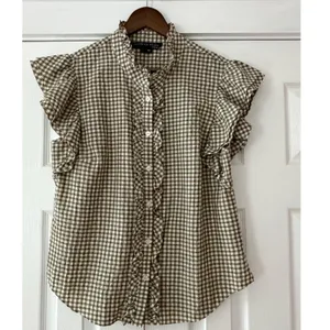 Veronica Beard Jeans Olive Gingham Ruffle‎ Flutter Sleeve Button Top Large thumbnail 2
