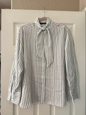 BNWT Zara Mint Chocolate Green & Brown Striped Flowy Button Down Scarf Shirt thumbnail 10