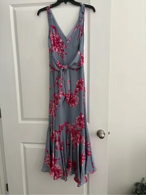 White House Black Market Dusty Blue Maxi Dress with Pink Floral Print thumbnail 3