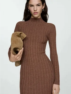 Mango Ribbed Long-Sleeve Midi Dress in Brown thumbnail 2