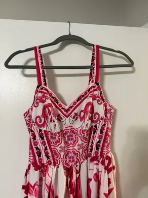 Red and white floral and paisley print maxi dress with ruffle hem thumbnail 1