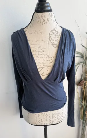 We The Free Free People Navy Blue Deep V-Neck Long Sleeve Empire Waist Top‎ L thumbnail 1