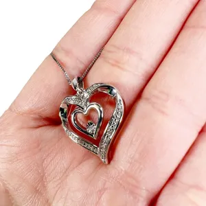 Diamond Double Heart Sterling Silver Box Chain Pendant Necklace thumbnail 7