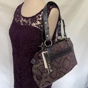 LineaR Fabric Logo Satchel Purse Purple Y2K McBling Croco Double Handle Indie thumbnail 3