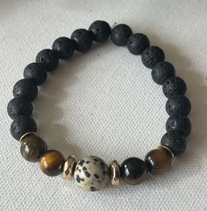 Black Lava Bead Bracelet with Dalmatian Jasper and Tiger Eye Accents thumbnail 1
